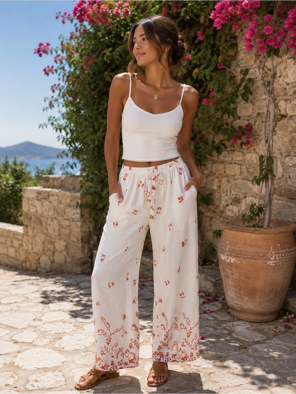 Rojada White Linen Egyptian Cotton Wide-Leg Floral Print Pants